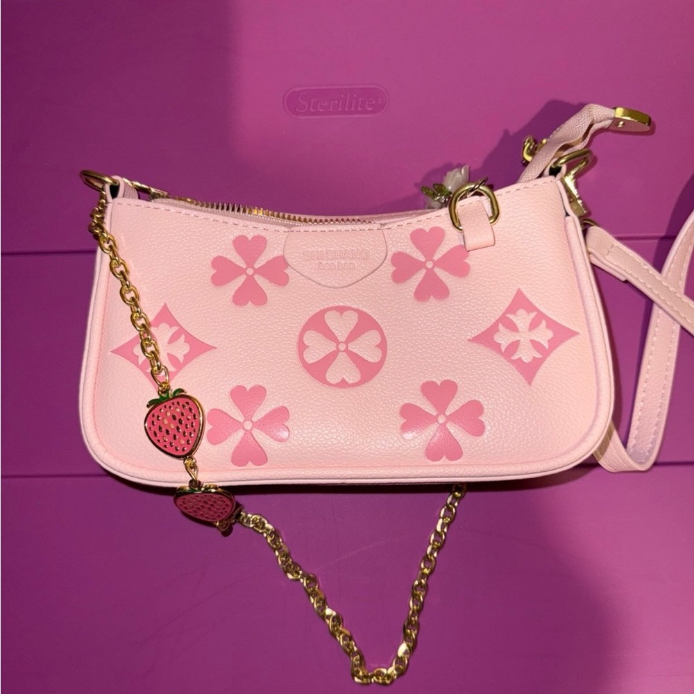 Women's Fashionable Floral Pattern Crossbody Bag Pink Strawberry Chain